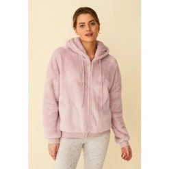 F&F Pink Zip Through Fuax Fur Hooded Cosy Top