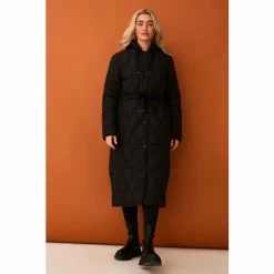 F&F Black Longline Hooded Onion Quilt Coat