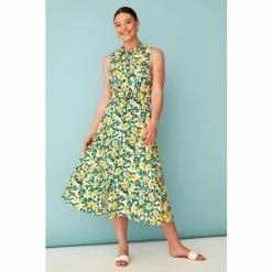 F&F Yellow Sleeveless Floral Midi Shirt Dress