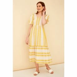 F&F Yellow Jacquard Tie Back Midi Dress