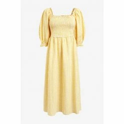 F&F Yellow Gingham Shirred Midi Dress